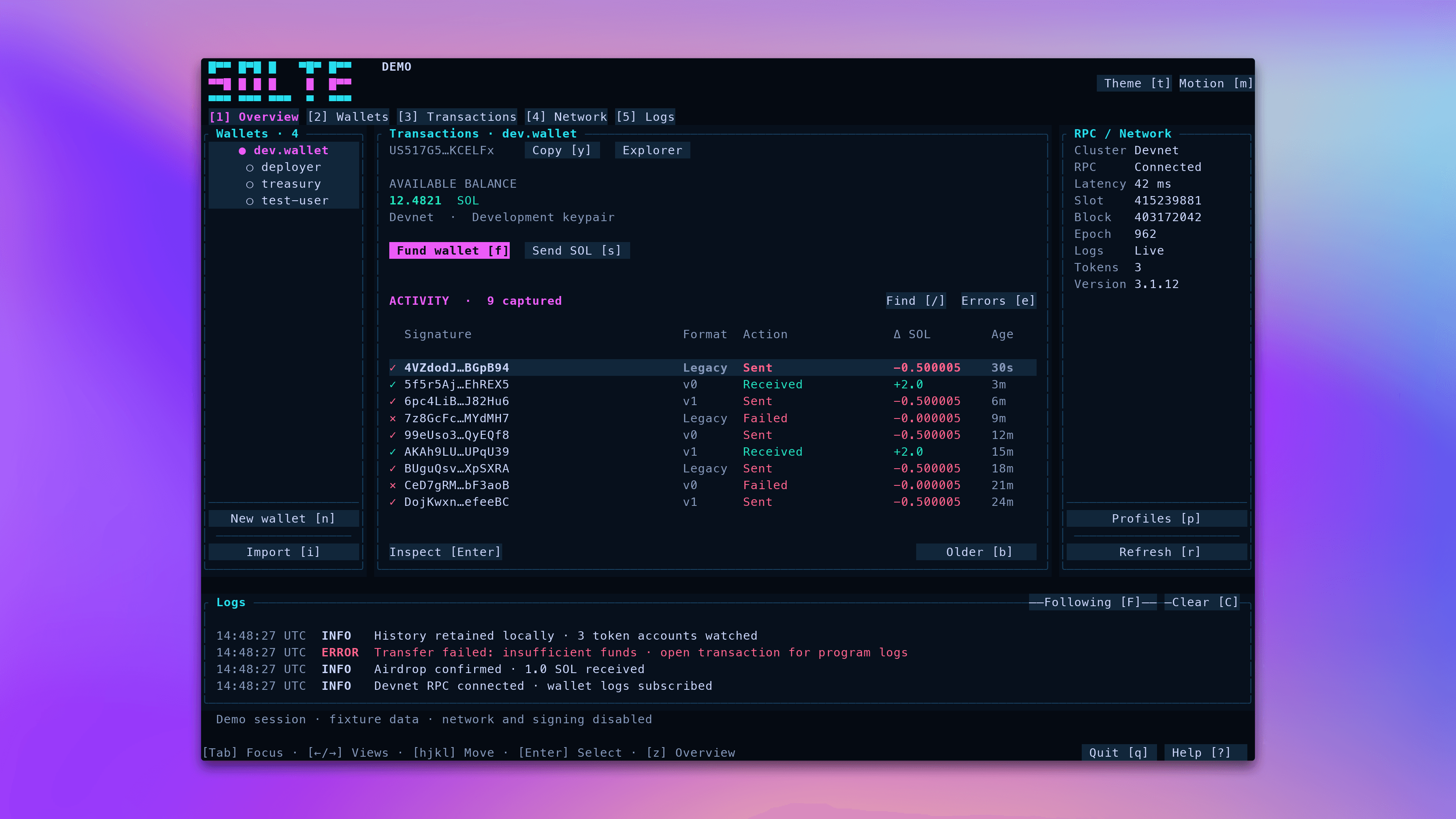 Solte terminal wallet in its Neon theme showing demo wallets, transactions, RPC status, and logs
